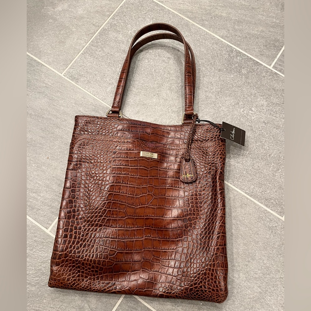 Cole Haan Marcy Market Tote Brown Croc Emboss NWT